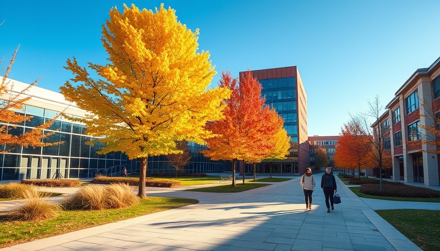 Sunlit Avondale University campus with students and vibrant fall foliage