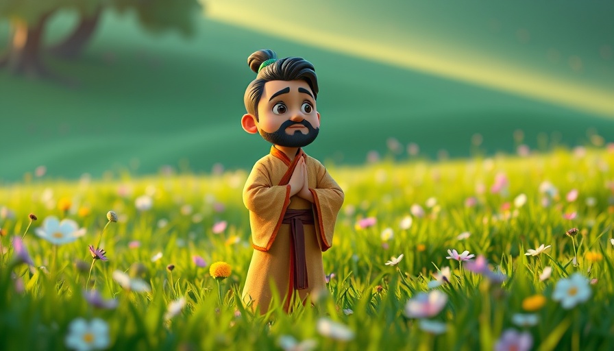 3D cartoon figure in serene field, capturing peace from God.