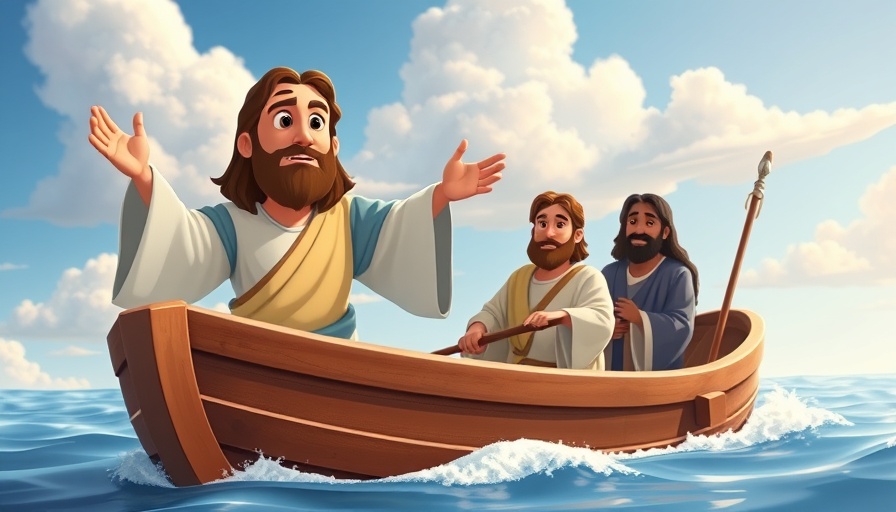 Classic animated Jesus walking on water with apostles.
