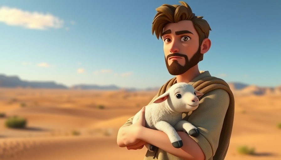 Superbook character Gideon in desert landscape holding lamb.
