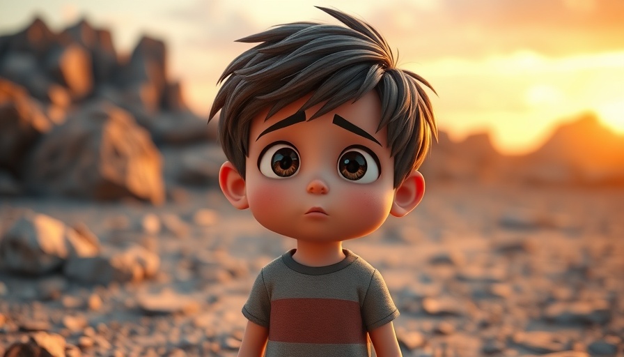 3D cartoon of a young boy with a concerned look outdoors at sunset.