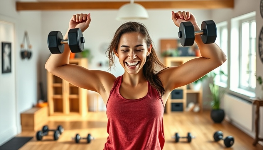Young woman demonstrating overhead press benefits in home workout.