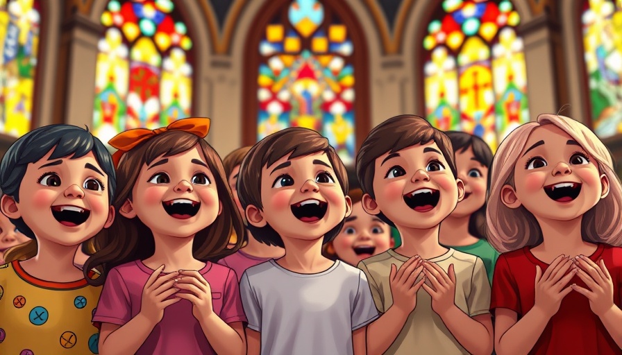 Children’s Sabbath program with joyful choir, cartoon style.