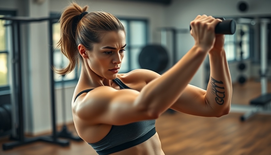 Woman demonstrating tricep kickbacks indoors. HIIT Myths Busted.