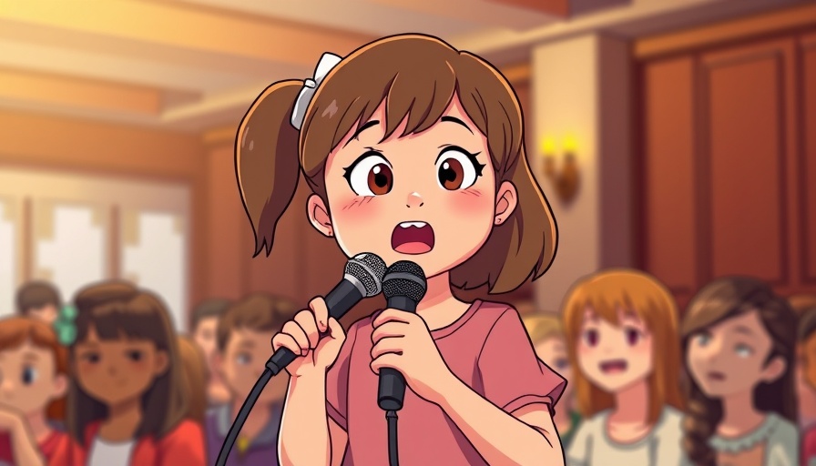 Young girl sharing her story with confidence in SDA community, cartoon style.