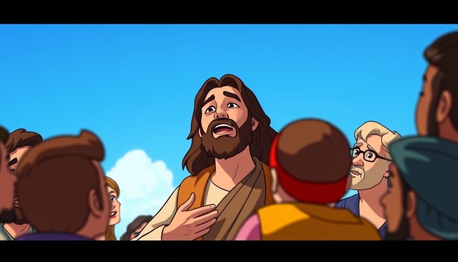 Cinematic cartoon of Jesus speaking, inspiring scene, put God first in our lives message.