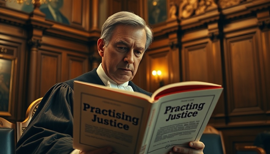 Judge reading 'Practising Justice' in an elegant courtroom.