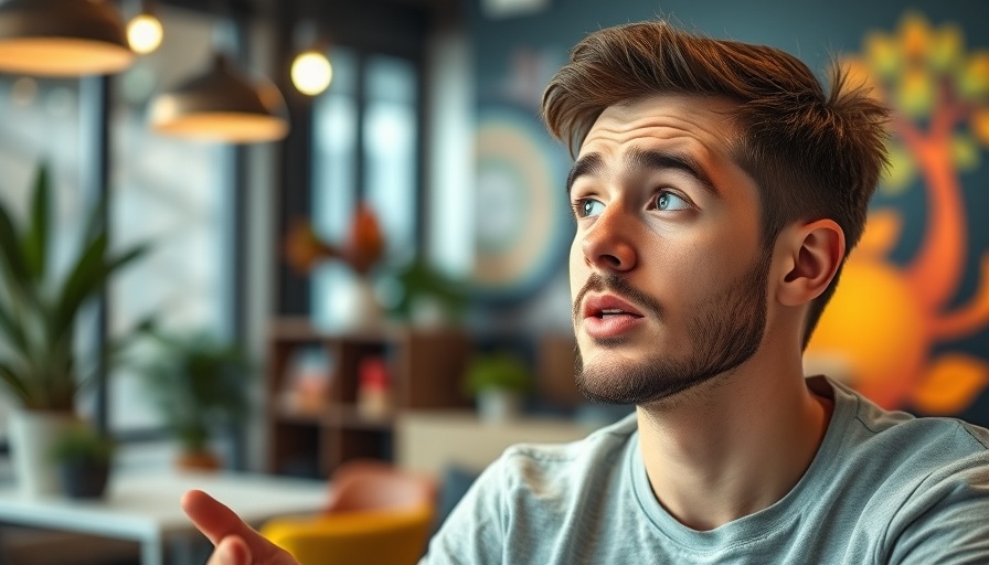 Focused young man discusses fintech amid vibrant decor.