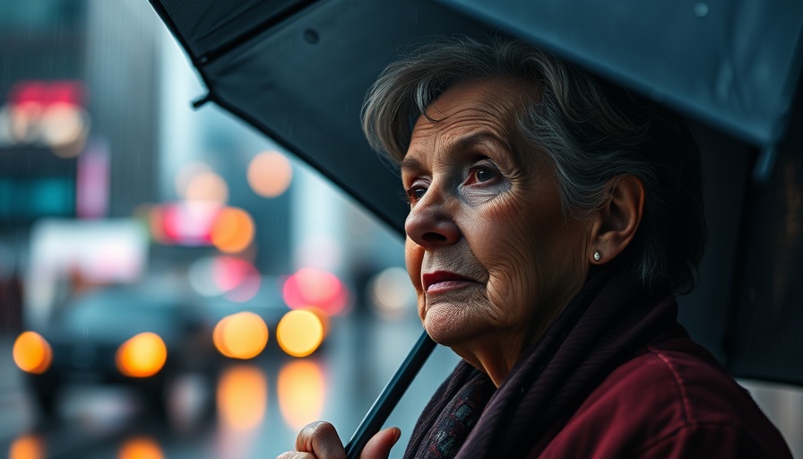 Elderly woman with umbrella contemplating life in rainy cityscape, relating to navigating transitions in faith.