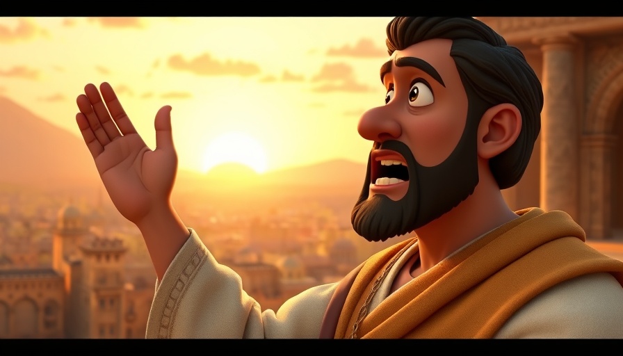 Paul at the Areopagus animated scene with vibrant sunset.