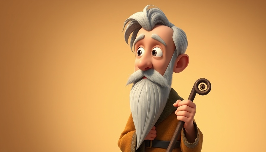 Wise animated man with staff, thoughtful expression, 3D cartoon.