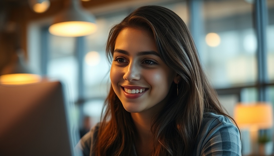 Smiling young woman focused on her screen indoors, illustrating that no problem is too big for God.