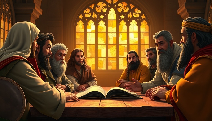 Biblical characters discussing anger management in faith, warm setting.
