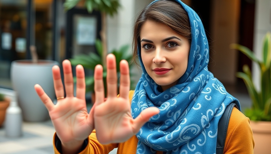 Empowered woman in blue scarf, Superbook life change gesture.