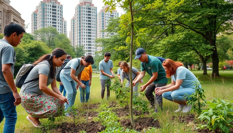 SDA Community Climate Action: diverse group planting trees in park.
