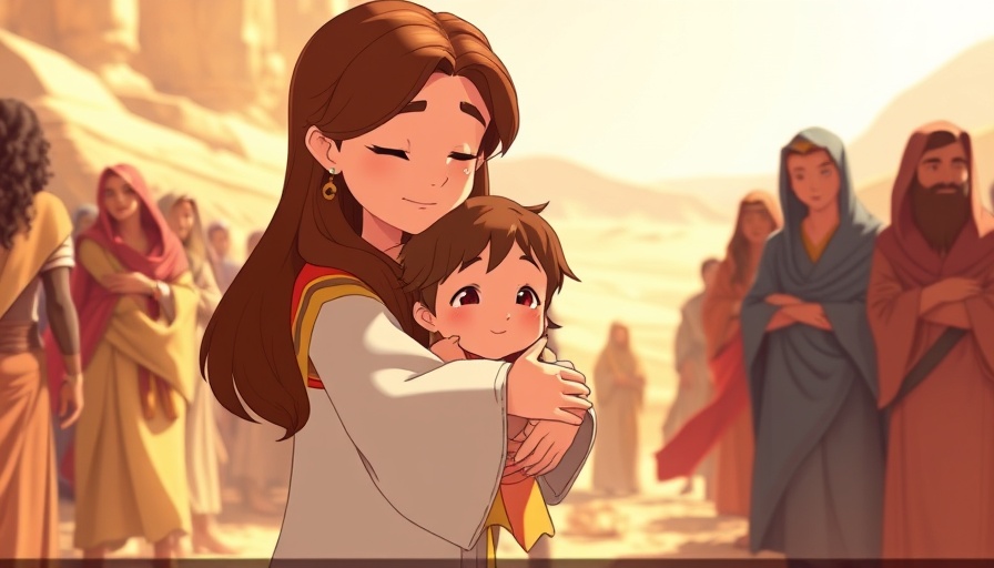 Animated scene of Esau forgiving Jacob, emotional embrace, Cartoon Style.