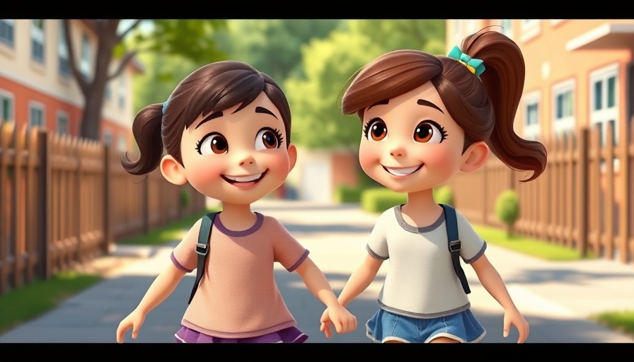 Heartwarming cartoon of girls walking, conveying blessings.