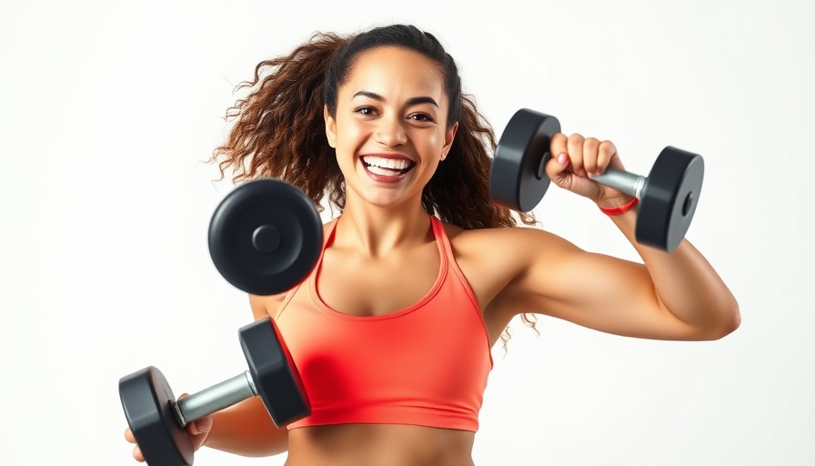 Young woman demonstrating upper body strength circuits with dumbbells.