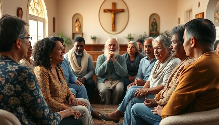 Diverse group discussing in a spiritual SDA community gathering.