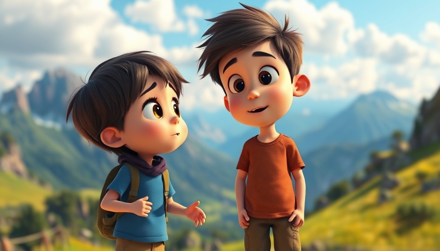 3D animated scene of children discussing creation, vibrant landscape.