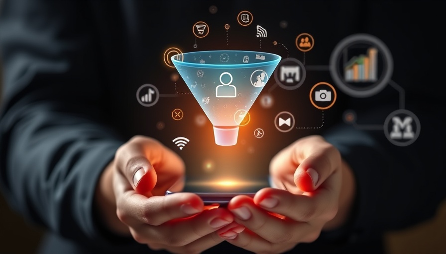 Hands holding digital marketing funnel above smartphone, B2B SEO trap concept.