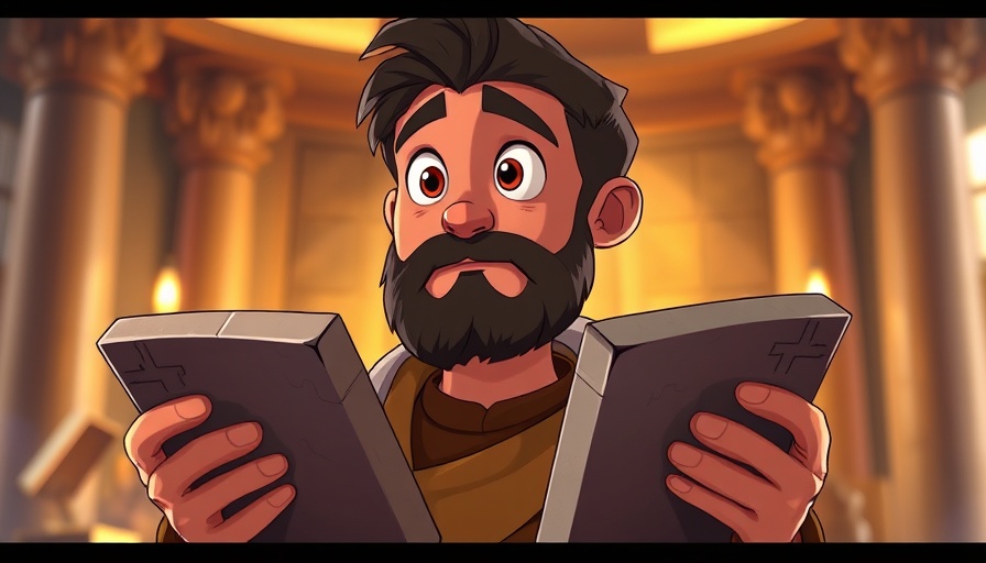 Animated character with The Ten Commandments, vibrant scene.