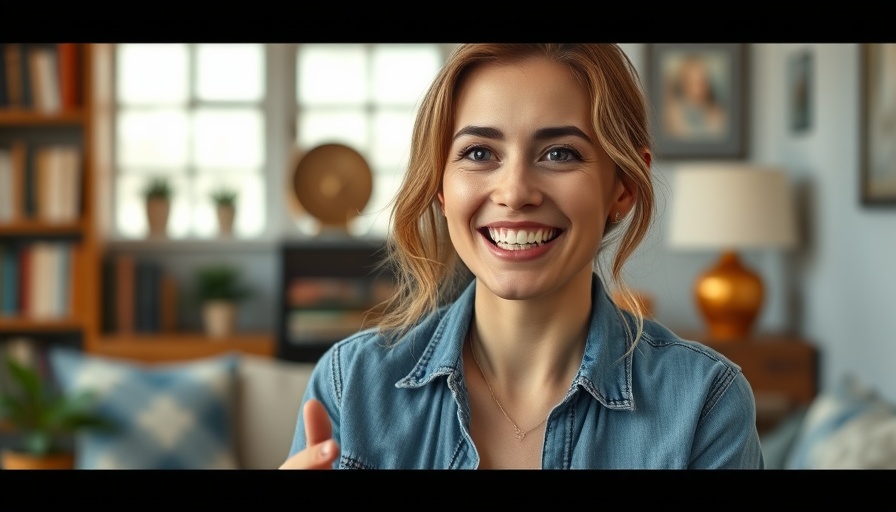 Smiling woman speaking about tokenized stocks in a cozy home setting.