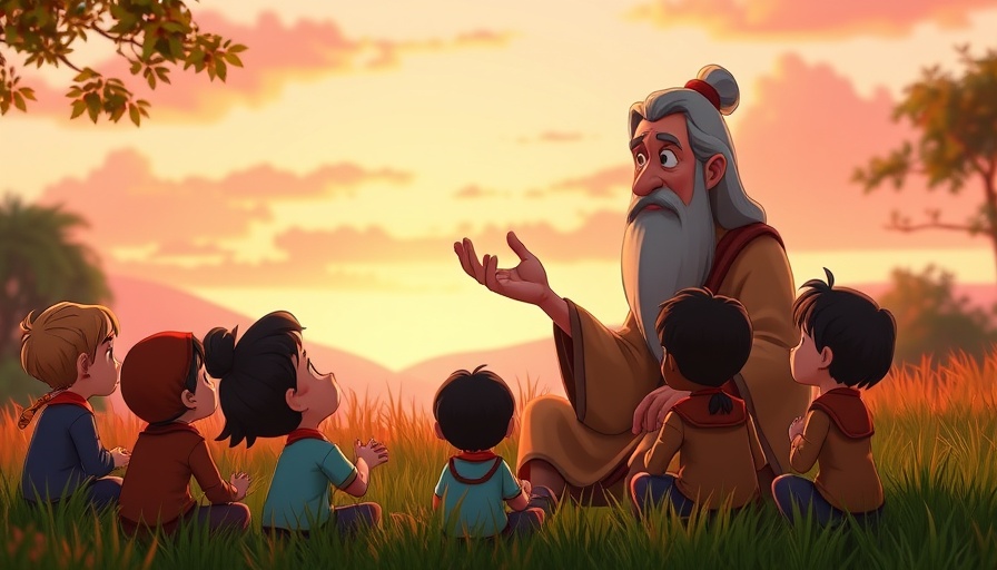Animated scene of wise figure teaching children, divine gift of parents concept.