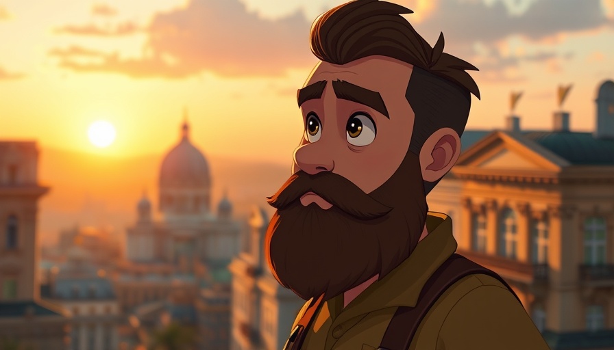 Animated scene of a bearded man overlooking a city in sunset