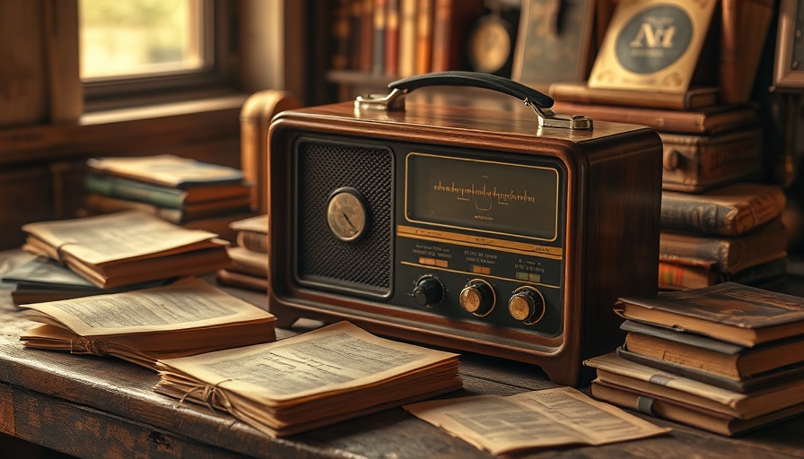 Vintage radio for Adventist radio series on rustic table with books.