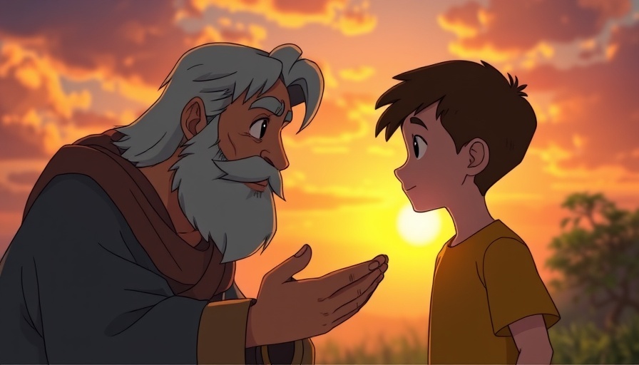 Animated scene of a wise conversation at sunrise, Samuel's Call.