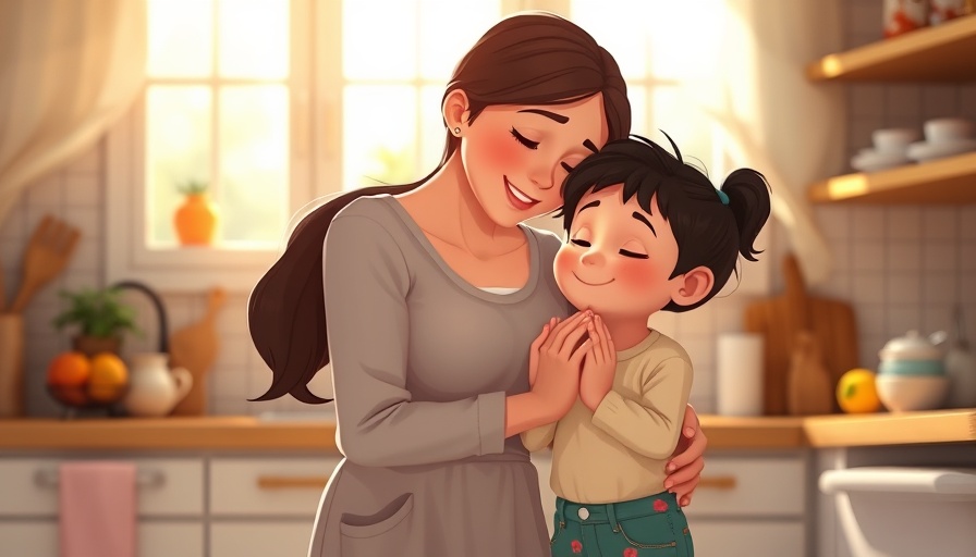 Cartoon mother and child sharing a heartfelt moment in a sunlit kitchen.
