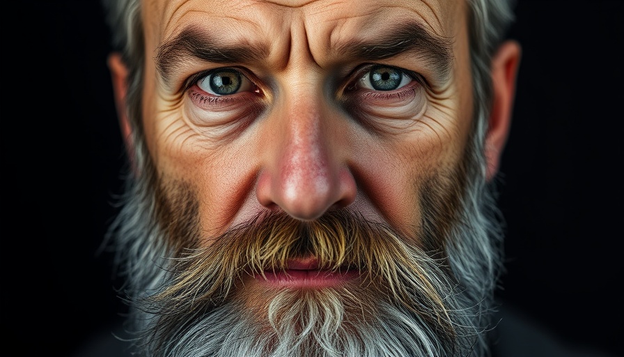 Close-up portrait of a bearded man with text about military industrial complex costs.