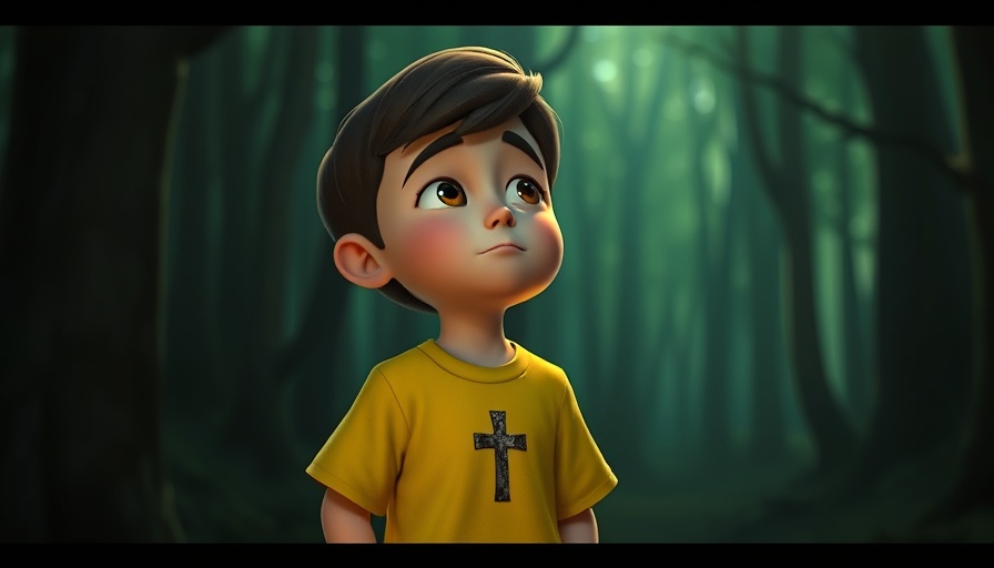 Cartoon boy commits everything to the Lord in a serene forest.