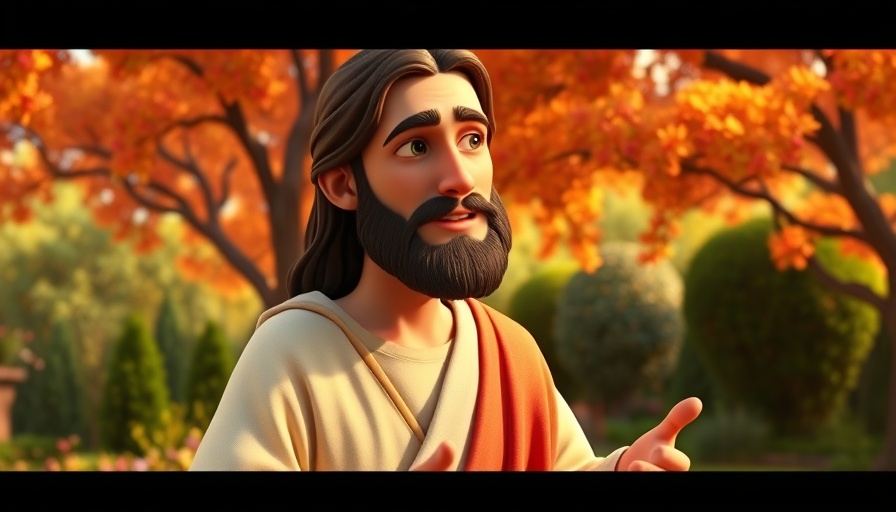 Animated Jesus sharing wisdom in a vibrant garden setting.