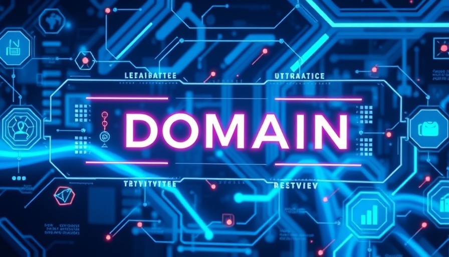 Futuristic interface concept with DOMAIN in neon blue and icons.