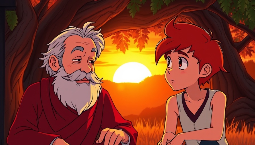Animated scene of Joshua and Caleb, discussing under a sunset sky