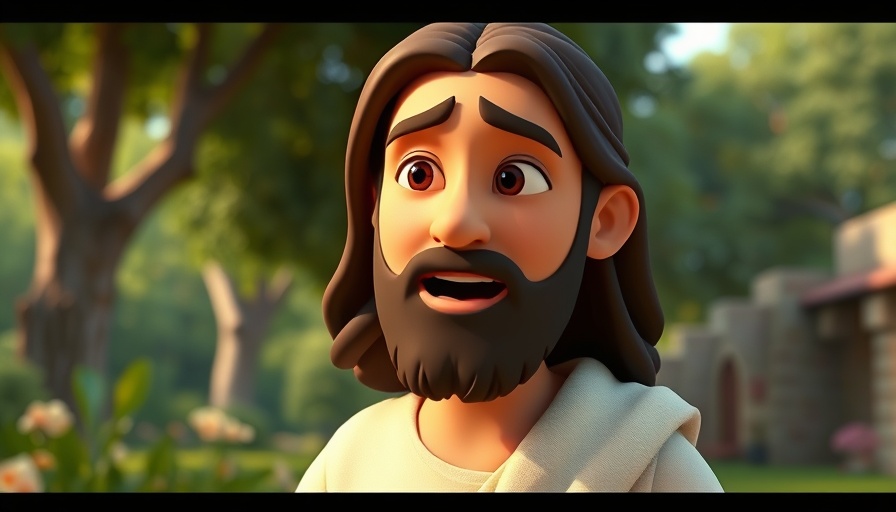 Animated Jesus character in a serene garden, Jesus is the Resurrection and the Life.