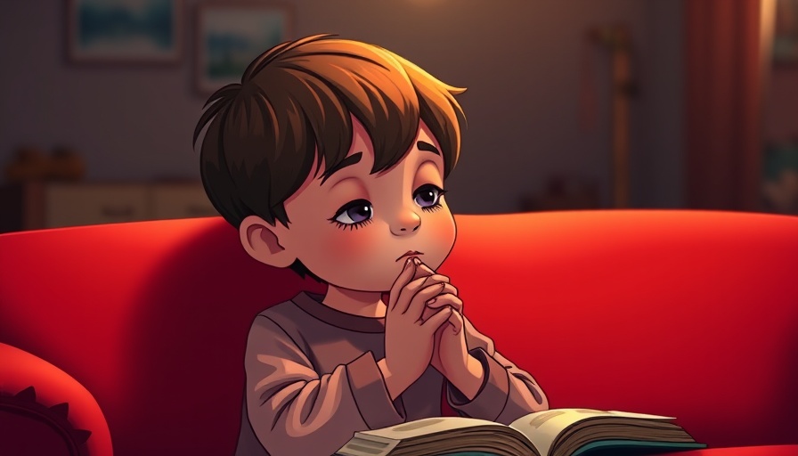 Victories come from God alone, child praying in cartoon style.