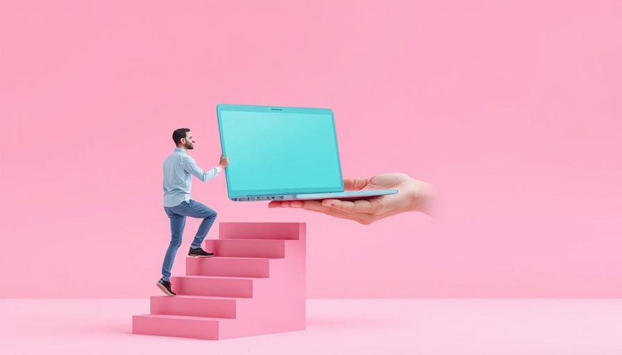 Man climbing stairs to laptop, symbolizing digital performance gap.