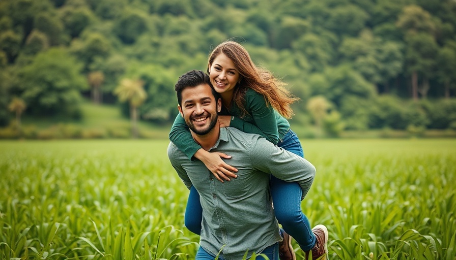 Happy couple in a field, illustrating couples relationship feedback loops improve mental health.