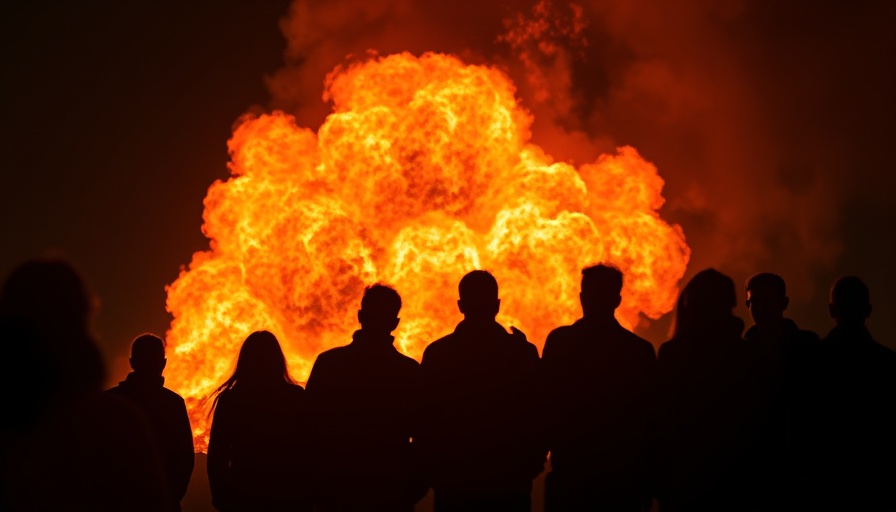 Silhouettes near intense flames highlight post-disaster mental health support needs.