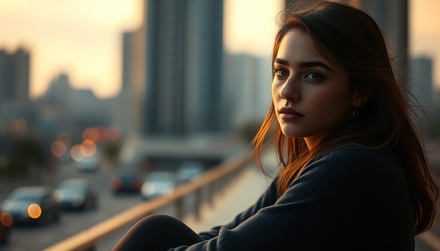 Contemplative woman in urban setting reflecting on trauma