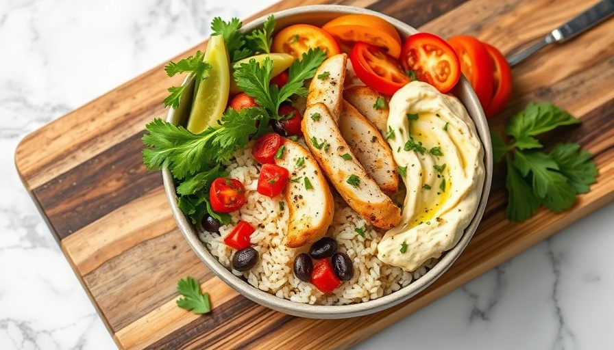 Greek chicken rice bowl with vibrant veggies and hummus.