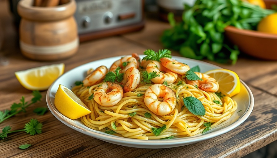 Vibrant plate of pesto shrimp orzo with fresh herbs.