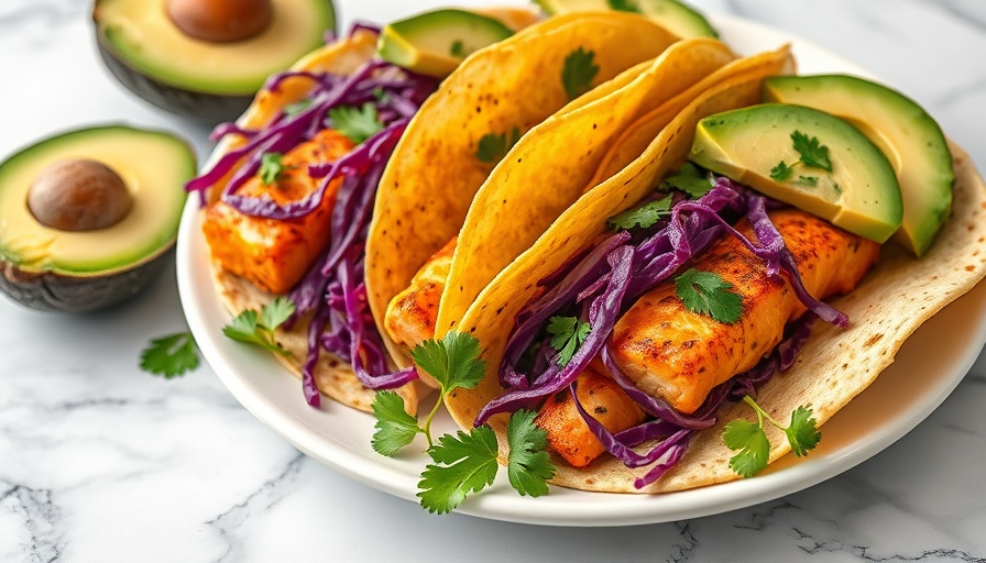 Easy Chipotle Salmon Tacos with avocado and cabbage on plate.