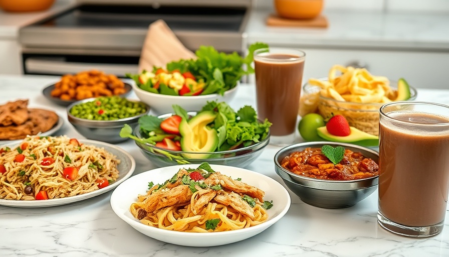 Gluten-free meal plan with pasta, salad, chili, and smoothie.