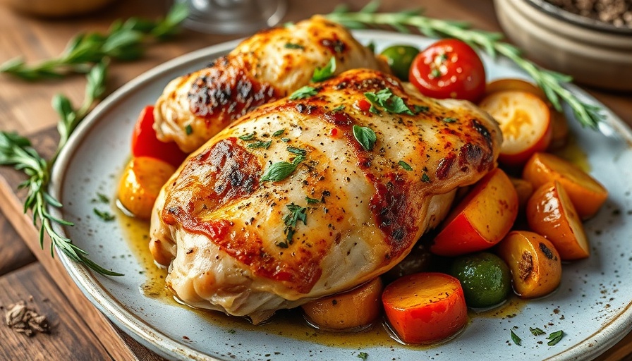 Italian chicken with roasted vegetables in rustic setting
