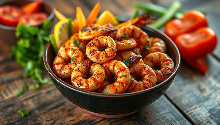 Delicious blackened shrimp bowl with fresh vegetables.