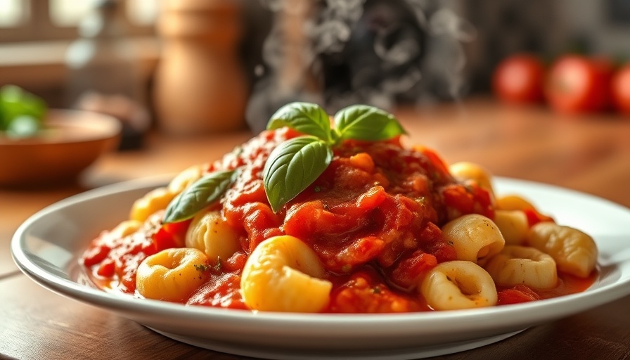 Gnocchi Marinara 10 Minute Meal with basil garnish on a plate.